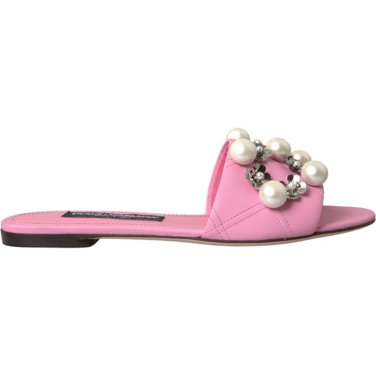 Dolce & Gabbana Pink Embellished Leather Flats Sandals Shoes pink-embellished-leather-flats-sandals-shoes-1