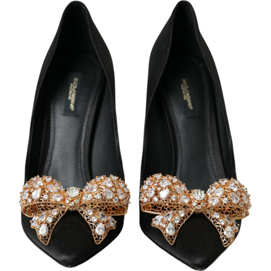 Dolce & Gabbana Black Satin Bow Embellished Heels Pumps Shoes black-satin-bow-embellished-heels-pumps-shoes