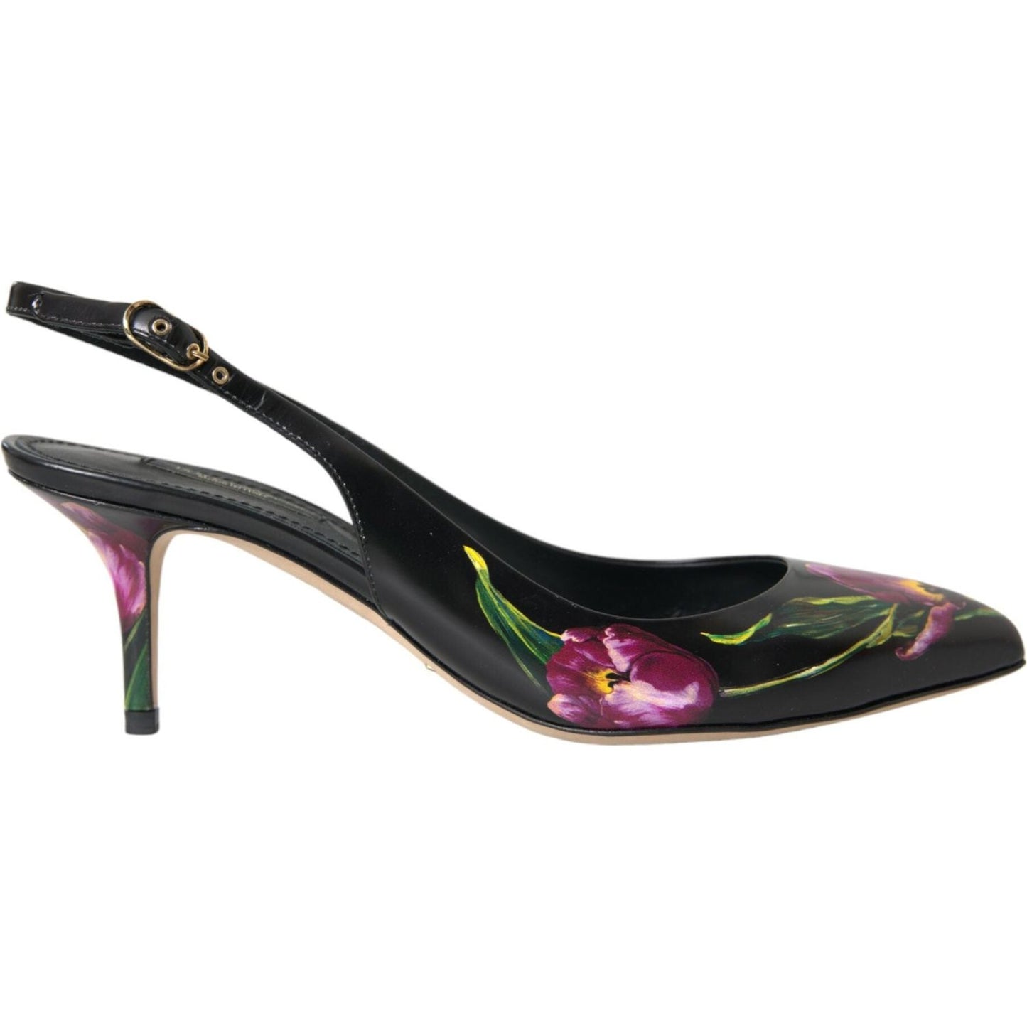 Dolce & Gabbana Black Floral Leather Heels Slingback Shoes black-floral-leather-heels-slingback-shoes