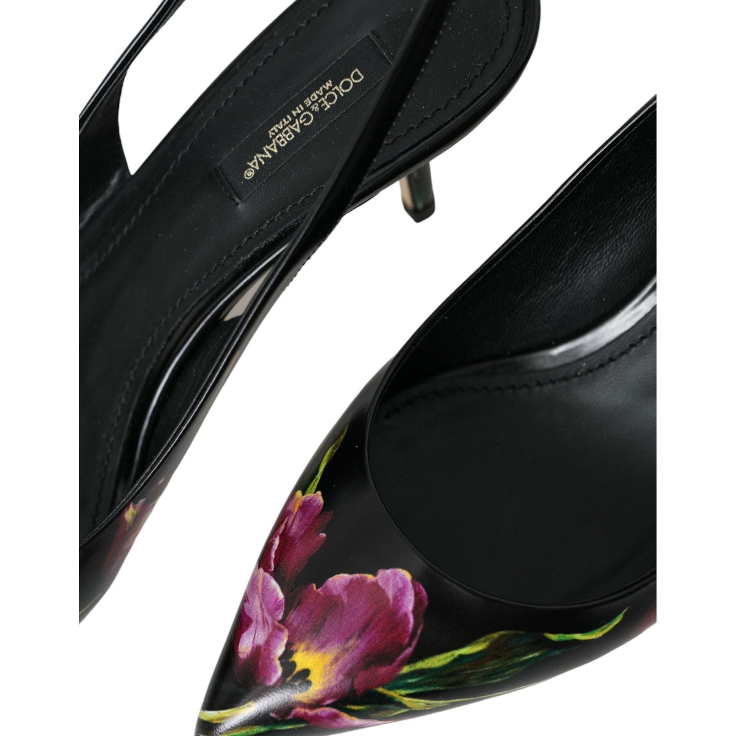 Dolce & Gabbana Black Floral Leather Heels Slingback Shoes black-floral-leather-heels-slingback-shoes