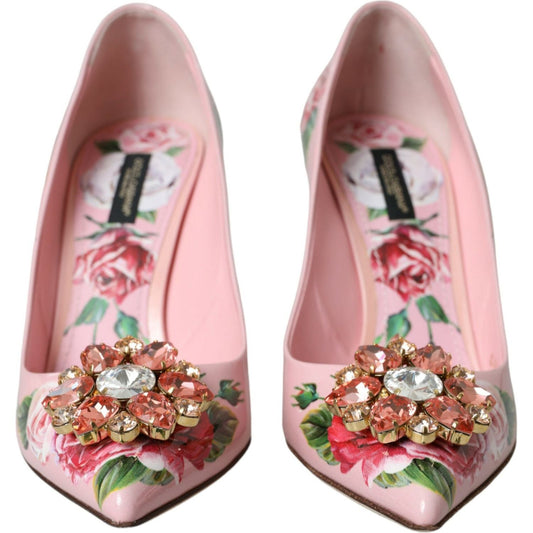 Pink Floral Leather Crystal Heels Pumps Shoes