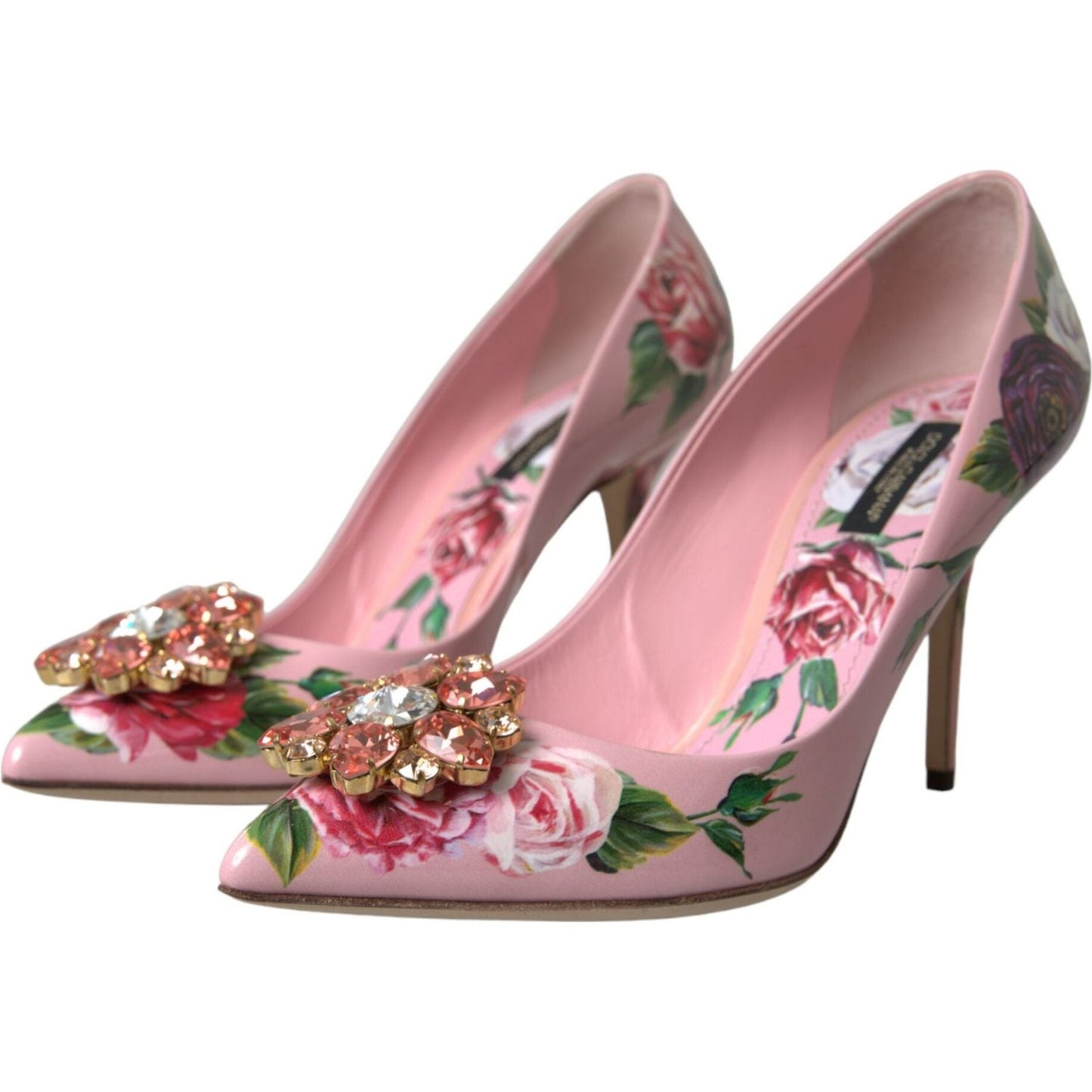 Dolce & Gabbana Pink Floral Leather Crystal Heels Pumps Shoes pink-floral-leather-crystal-heels-pumps-shoes