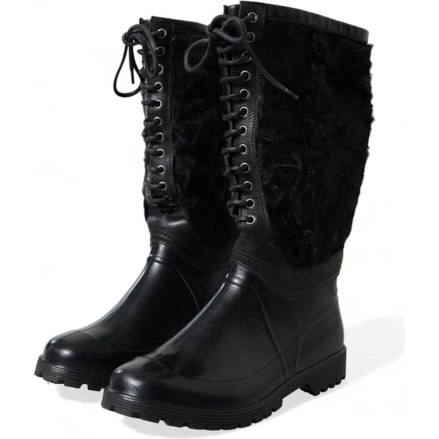 Dolce & Gabbana Sleek Black Shearling Mid Calf Boots black-rubber-lace-up-shearling-rain-boots-shoes