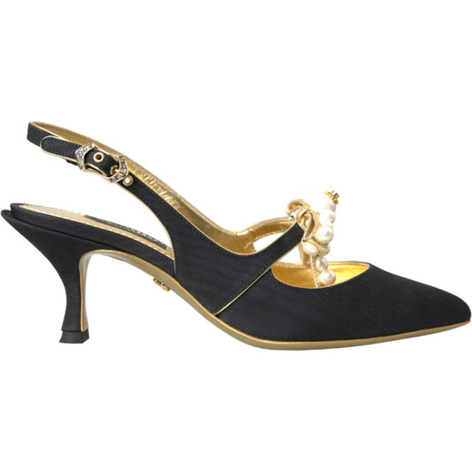 Dolce & Gabbana Black Leather Faux Pearls Slingbacks Shoes black-leather-faux-pearls-slingbacks-shoes