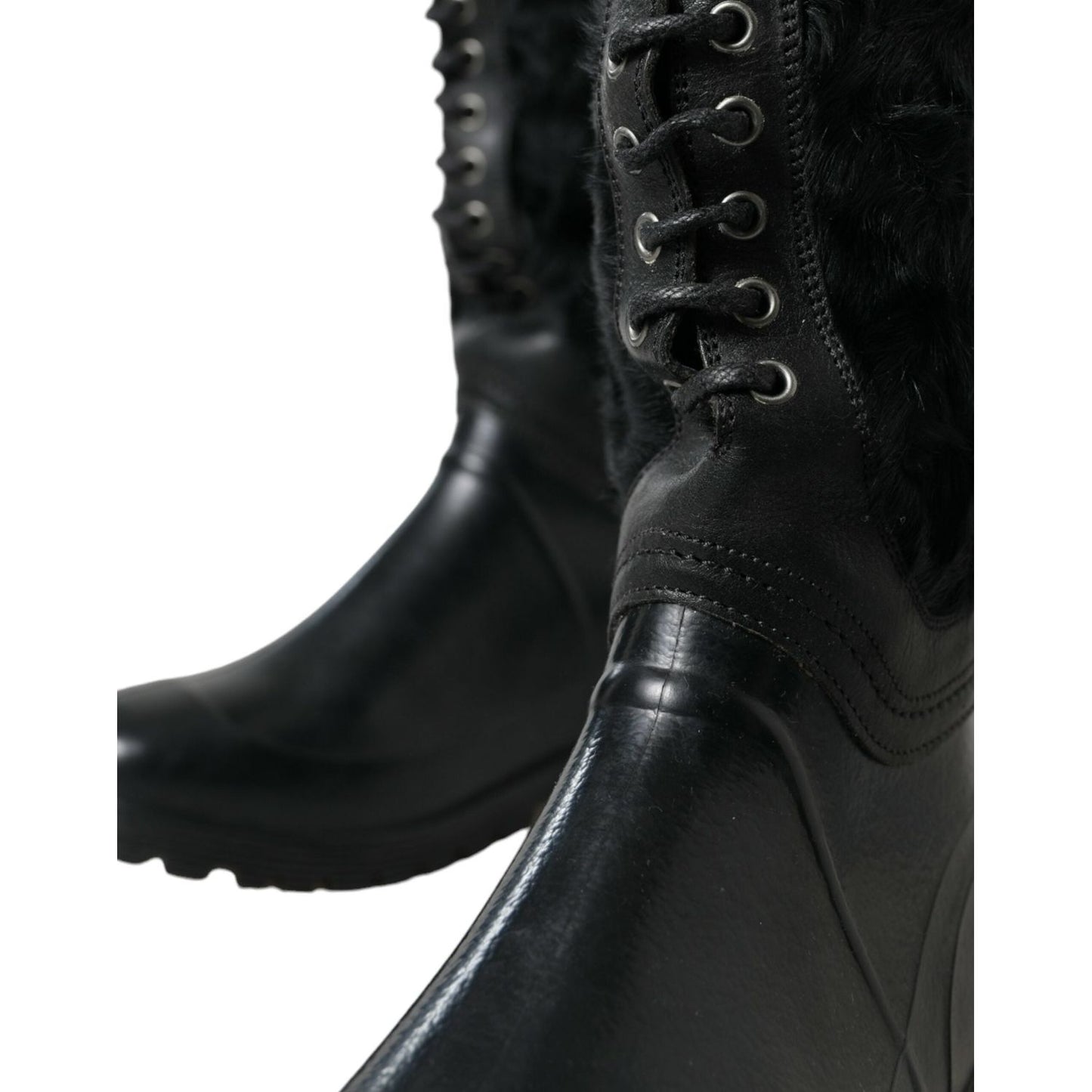 Dolce & Gabbana Sleek Black Shearling Mid Calf Boots black-rubber-lace-up-shearling-rain-boots-shoes