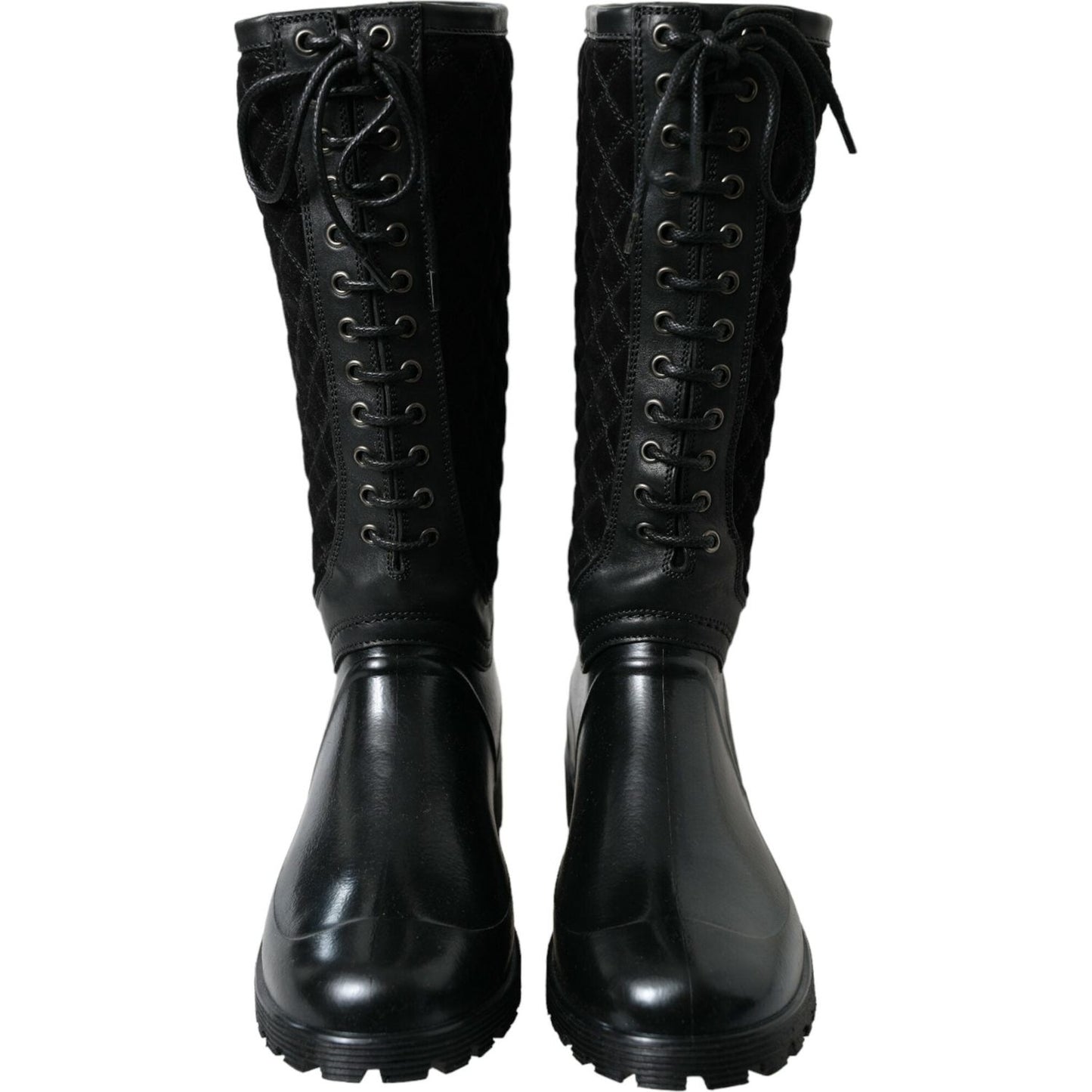 Dolce & Gabbana Elegant Quilted Lace-Up Rain Boots black-chioggia-rubber-suede-rain-boots-shoes