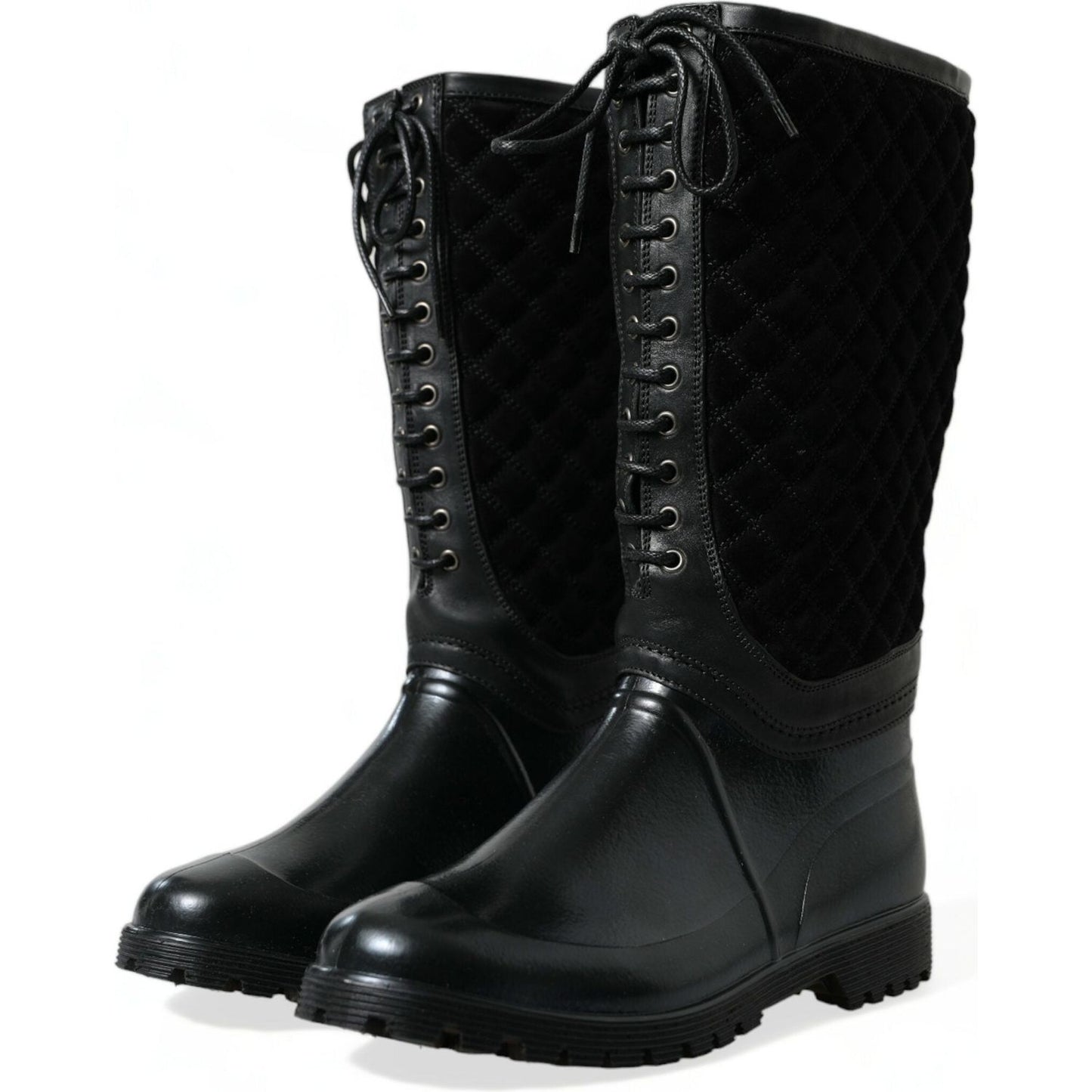Dolce & Gabbana Elegant Quilted Lace-Up Rain Boots black-chioggia-rubber-suede-rain-boots-shoes