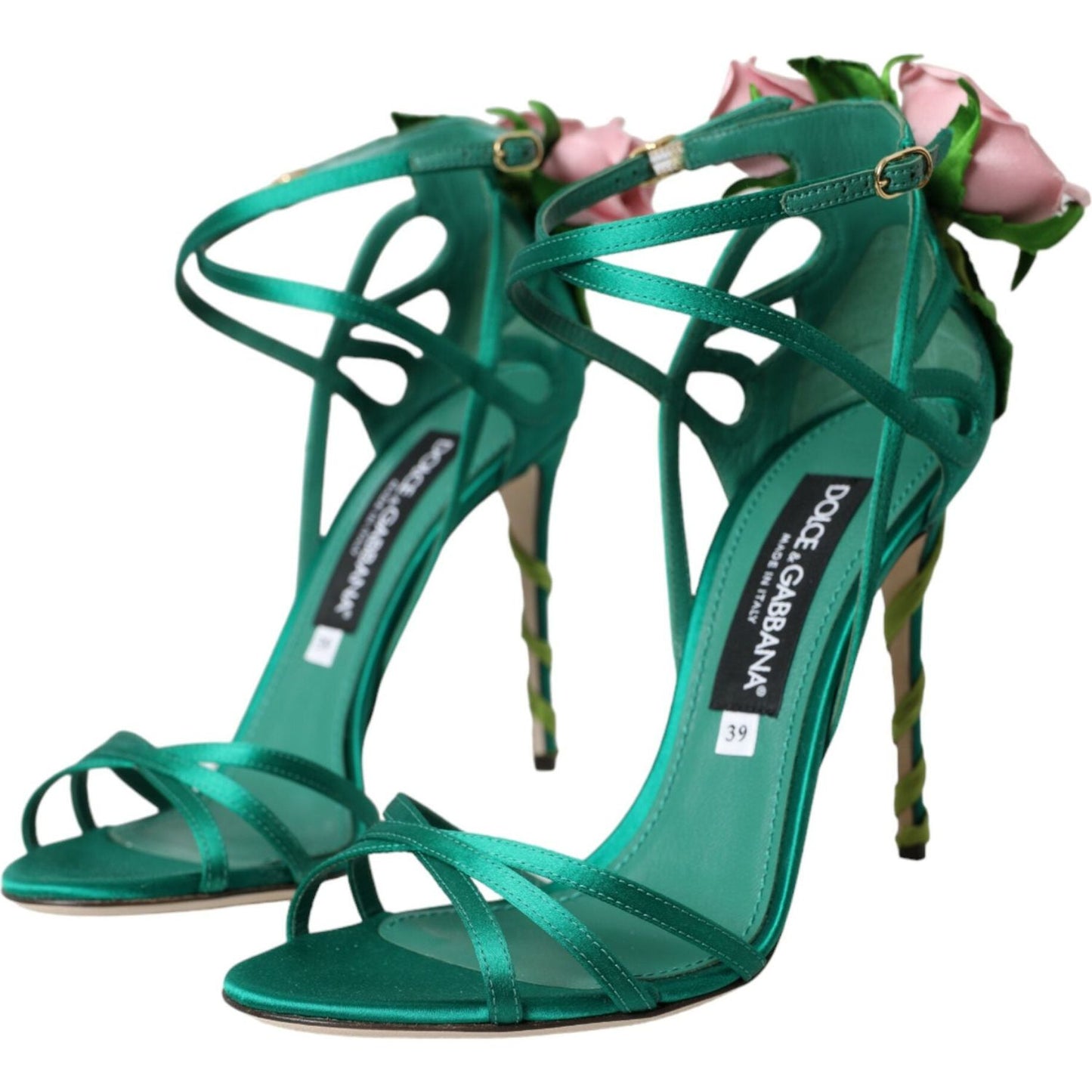 Dolce & Gabbana Green Flower Satin Heels Sandals Shoes green-flower-satin-heels-sandals-shoes