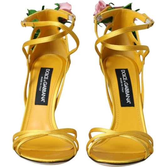 Dolce & Gabbana Yellow Flower Satin Heels Sandals Shoes yellow-flower-satin-heels-sandals-shoes
