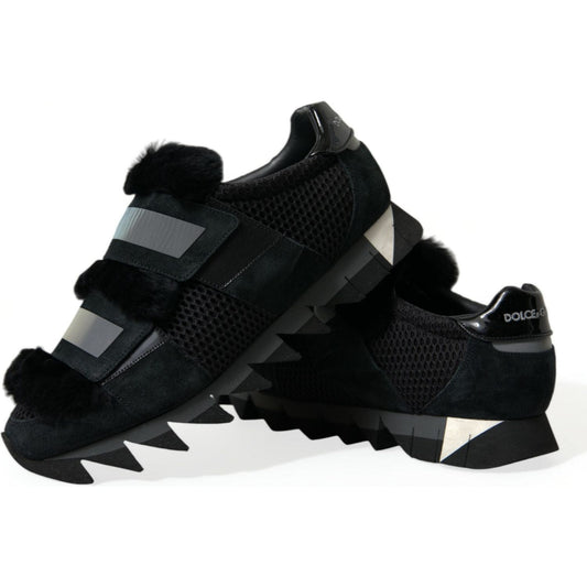Dolce & Gabbana Elegant Fur-Embellished Suede Sneakers black-fur-embellished-suede-sneakers-shoes