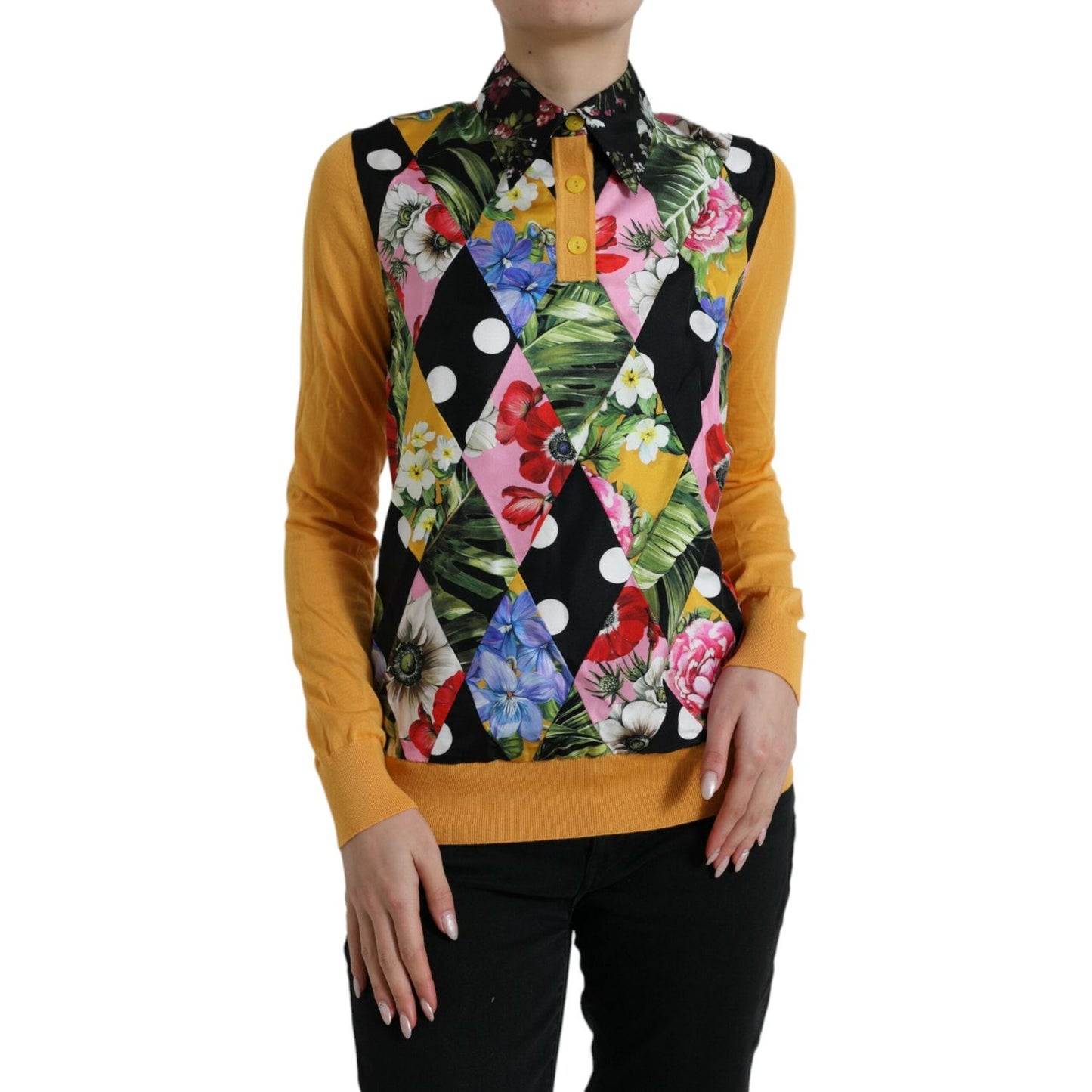 Dolce & Gabbana Elegant Patchwork Henley Silk Blend Sweater multicolor-patchwork-cashmere-henley-sweater