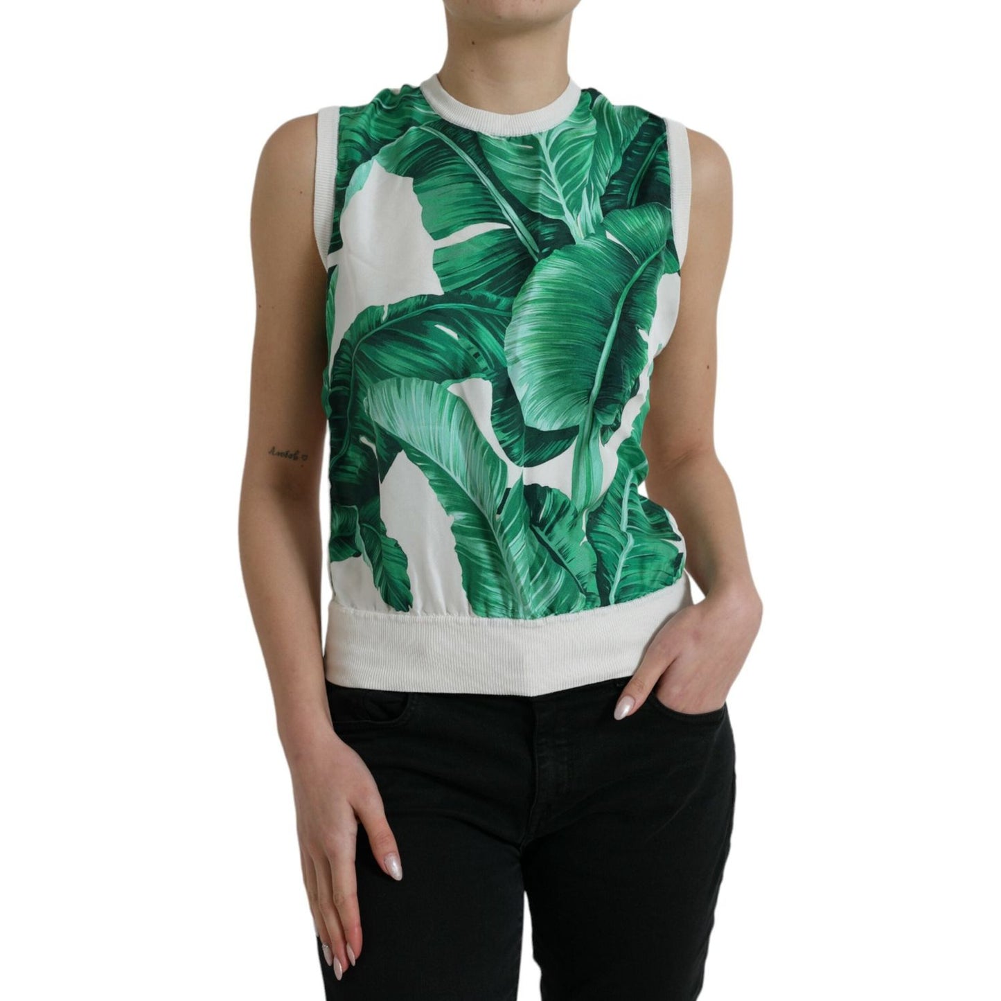 Dolce & Gabbana Silk Banana Leaf Print Tank Top white-banana-leaf-print-crew-neck-tank-top