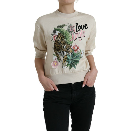Dolce & Gabbana Elegant Jungle Print Crewneck Sweater beige-jungle-printed-cotton-pullover-sweater