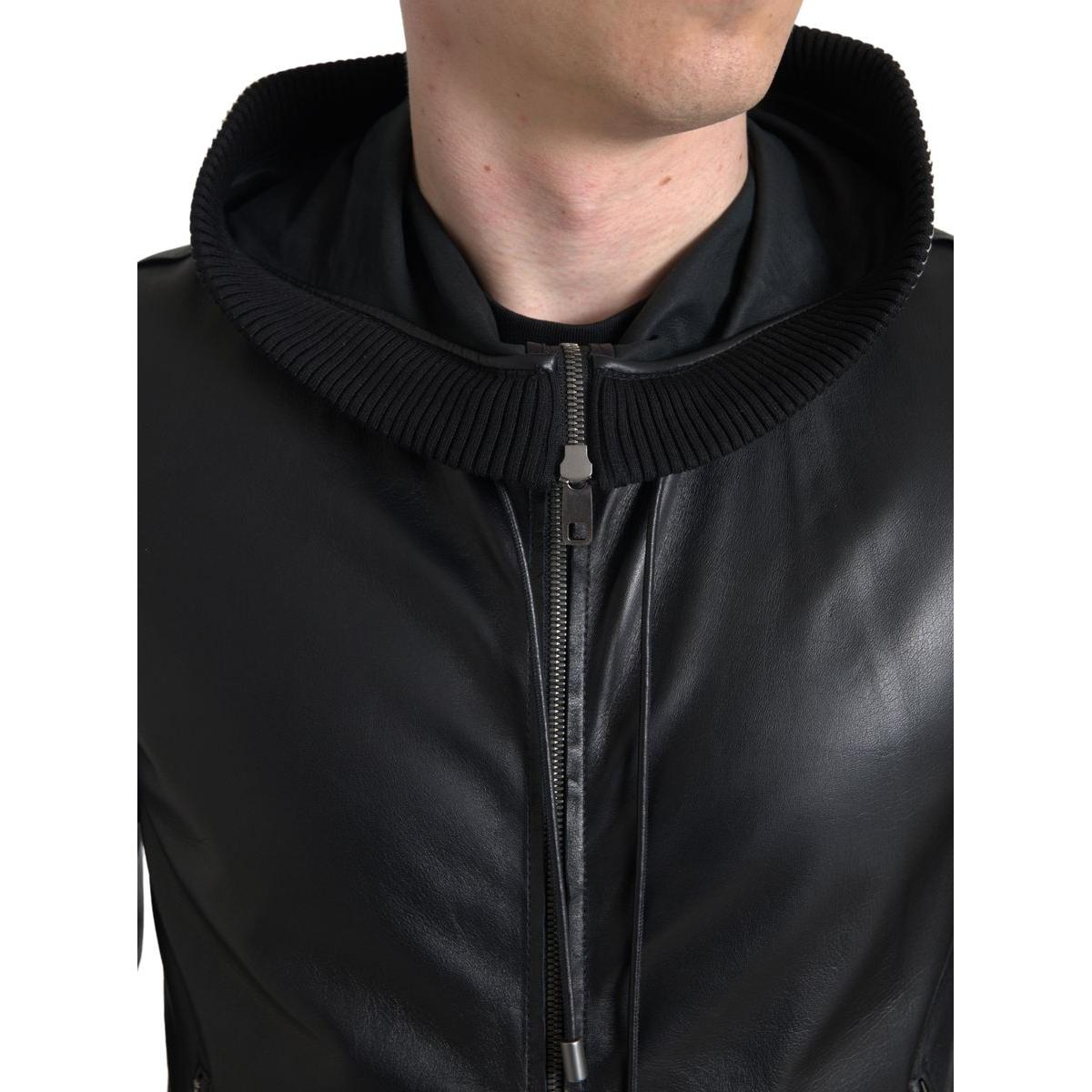 Dolce & Gabbana Elegant Black Leather Bomber Jacket black-leather-full-zip-hooded-men-jacket
