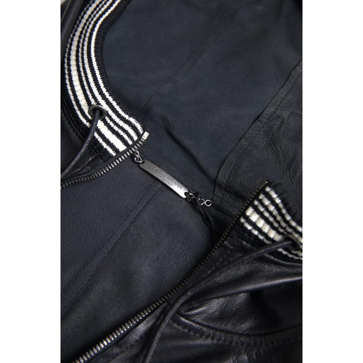 Dolce & Gabbana Elegant Black Leather Bomber Jacket black-leather-full-zip-hooded-men-jacket