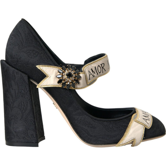 Dolce & Gabbana Black Brocade Mary Janes Crystal Pumps Shoes black-brocade-mary-janes-crystal-pumps-shoes