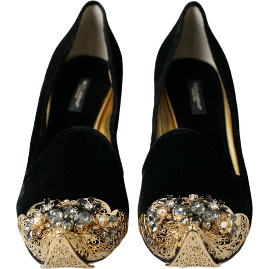 Dolce & Gabbana Black Velvet Embellished Heels Pumps Shoes black-velvet-embellished-heels-pumps-shoes