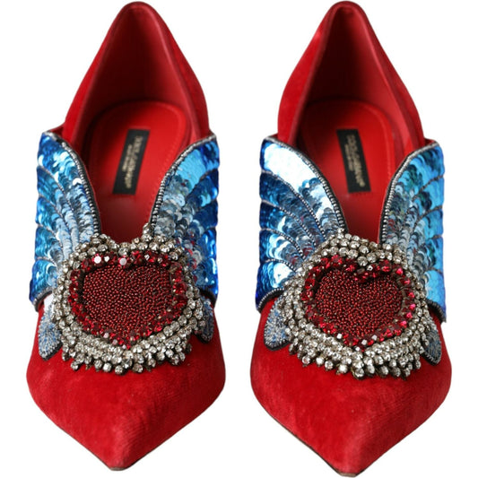 Dolce & Gabbana Red Velvet Sequin Crystal Heels Pumps Shoes red-velvet-sequin-crystal-heels-pumps-shoes
