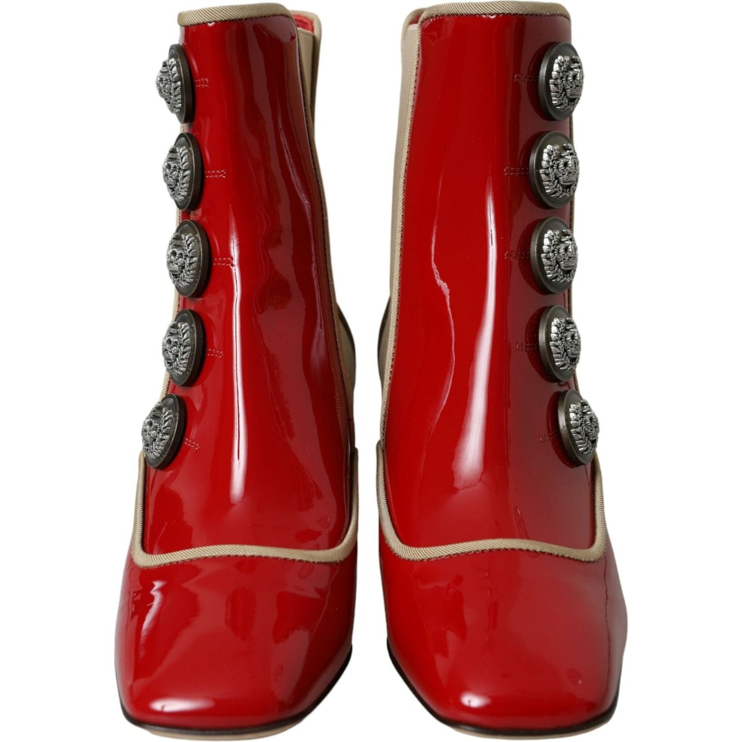 Dolce & Gabbana Red Beige Leather Embellished Mid Calf Boots Shoes red-beige-leather-embellished-mid-calf-boots-shoes