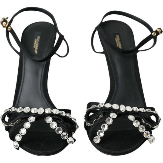 Dolce & Gabbana Black Viscose Crystal Bow Heels Sandals Shoes black-viscose-crystal-bow-heels-sandals-shoes