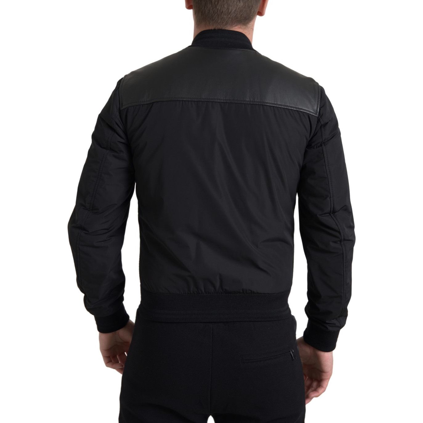Dolce & Gabbana Sleek Black Leather Bomber Jacket black-polyester-full-zip-bomber-coat-jacket