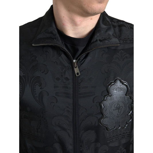 Dolce & Gabbana Elegant Full Zip Black Sweater black-full-zip-sweater-brocade-logo-casual-mens-jacket