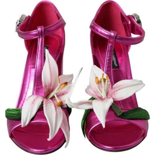 Dolce & Gabbana Pink Leather Crystals Floral Sandals Shoes pink-leather-crystals-floral-sandals-shoes