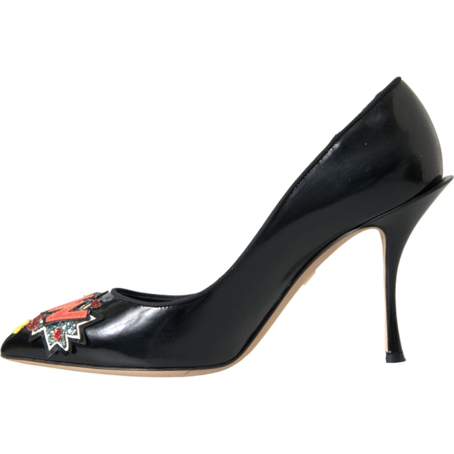 Dolce & Gabbana Black Leather WOW Patch Heels Pumps Shoes black-leather-wow-patch-heels-pumps-shoes