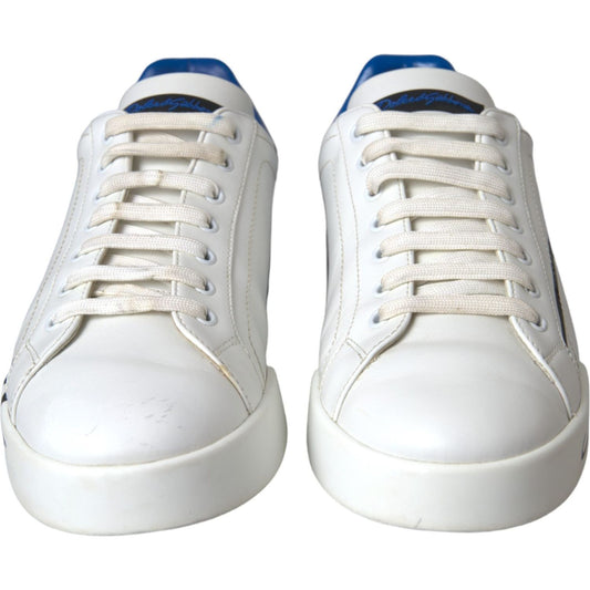 White Blue Leather Logo Low Top Sneakers Shoes