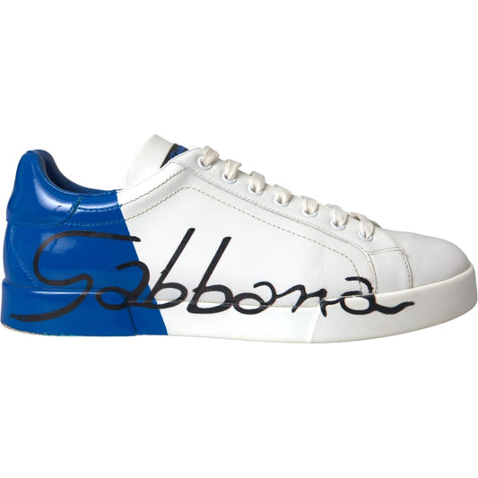 White Blue Leather Logo Low Top Sneakers Shoes