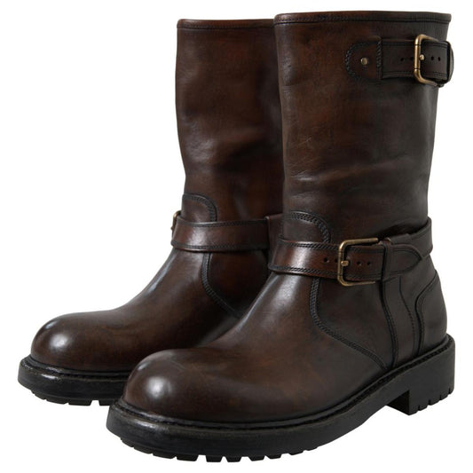 Dolce & Gabbana Elegant Brown Leather Mid-Calf Biker Boots brown-leather-midcalf-mens-boots