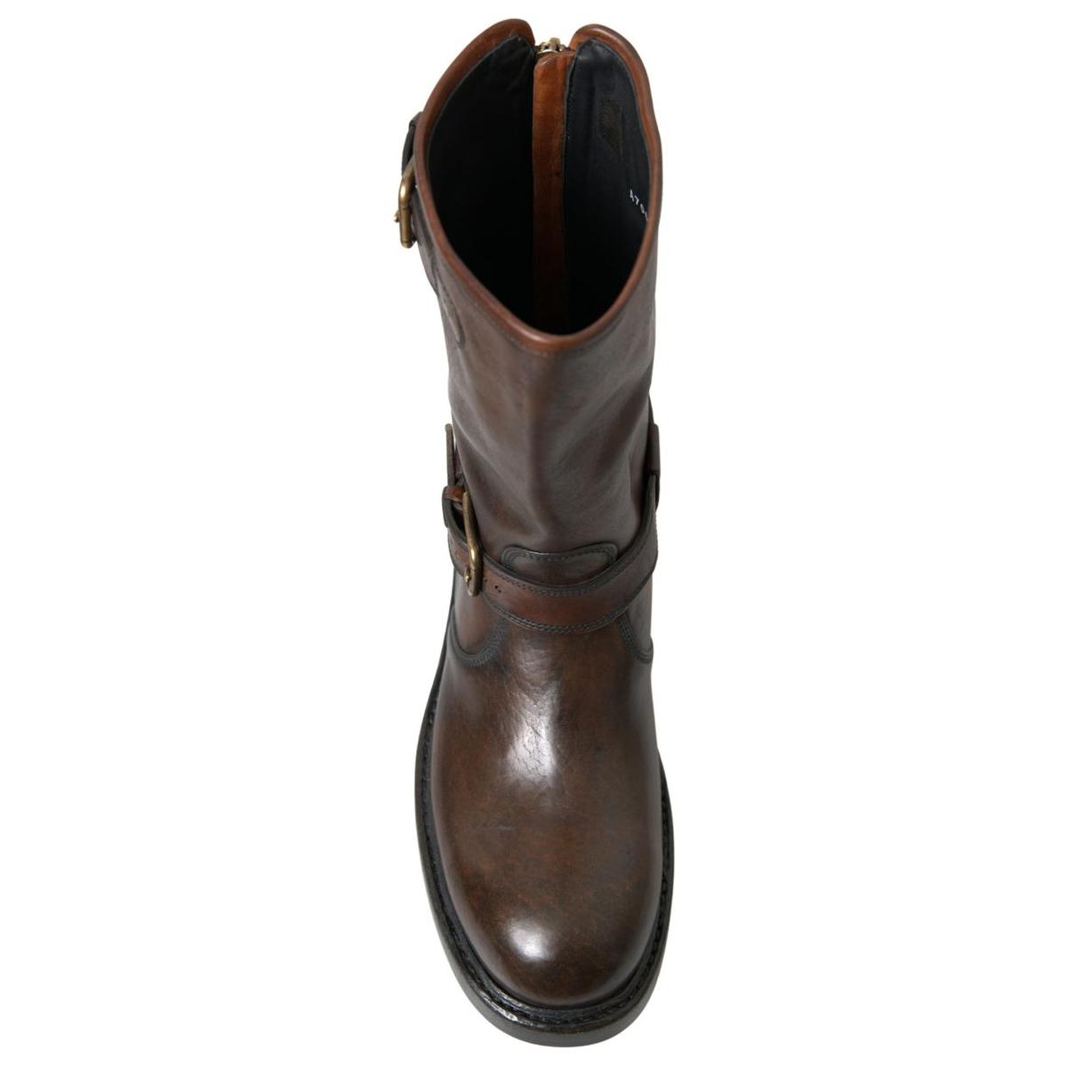 Dolce & Gabbana Elegant Brown Leather Mid-Calf Biker Boots brown-leather-midcalf-mens-boots