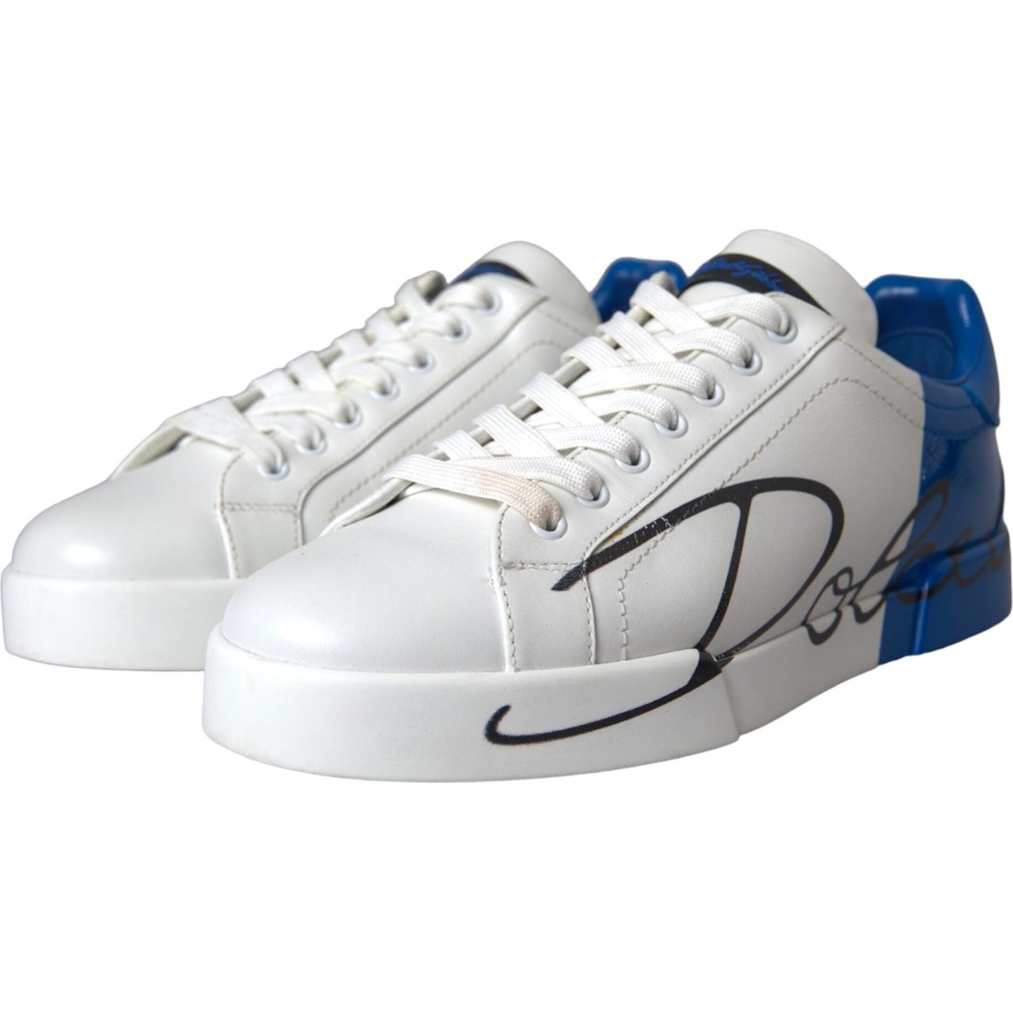 White Blue Leather Logo Low Top Sneakers Men Shoes