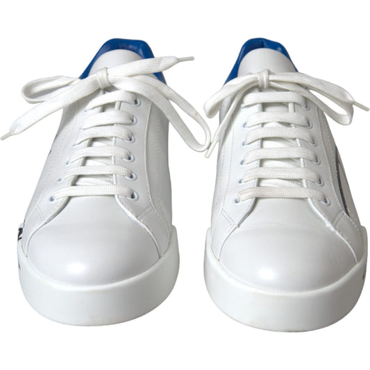 White Blue Leather Logo Low Top Sneakers Men Shoes