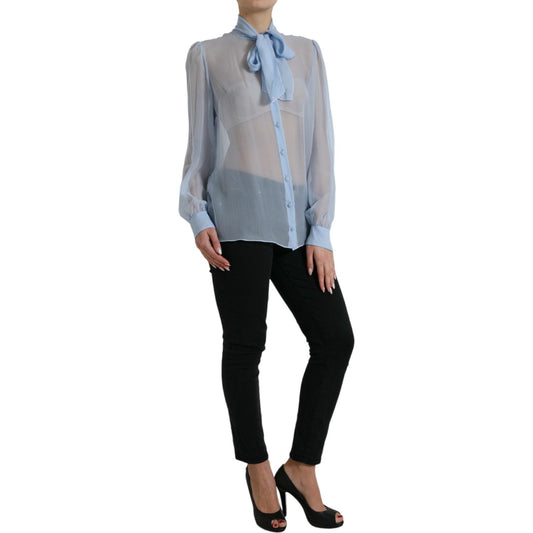 Dolce & Gabbana Elegant Silk Long Sleeve Blouse blue-long-sleeves-ascot-collar-blouse-top
