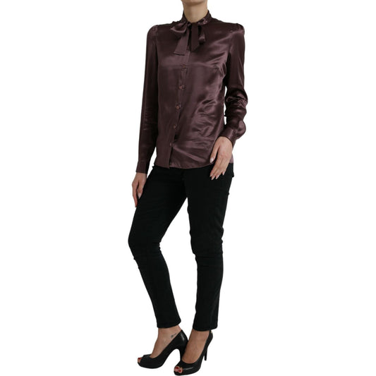 Dolce & Gabbana Elegant Silk Ascot Collar Blouse brown-silk-ascot-collar-long-sleeve-blouse-top