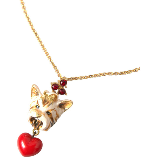 Gold Brass Chain Dog Heart Pendant Charm Necklace