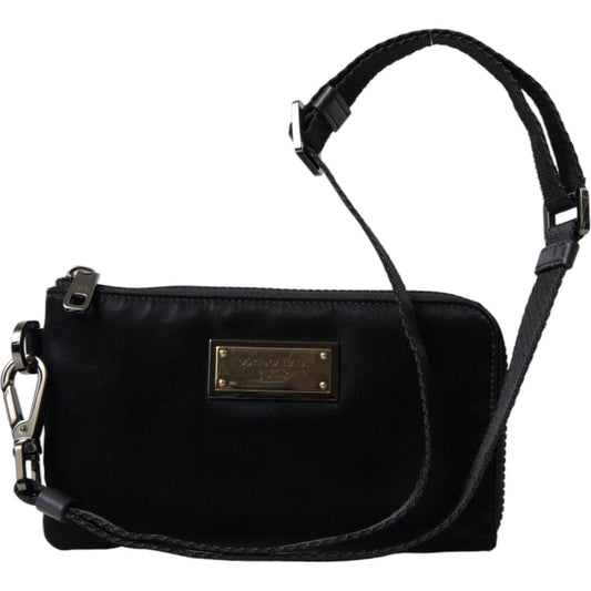 Dolce & Gabbana Elegant Black Nylon & Leather Pouch black-nylon-logo-plaque-keyring-pouch-clutch-bag