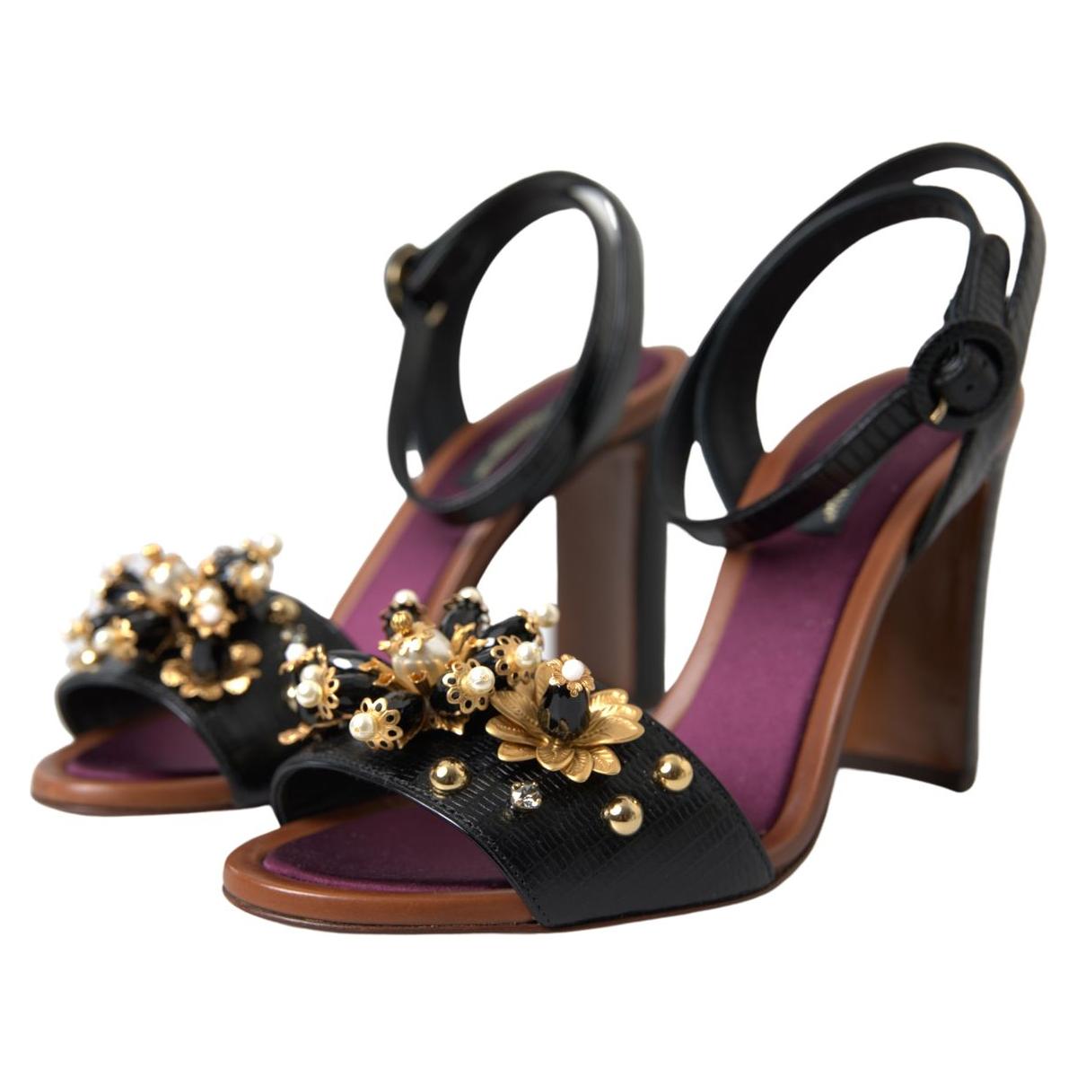 Dolce & Gabbana Elegant Embellished Leather Sandals black-lizard-embossed-floral-pearls-sandals-shoes