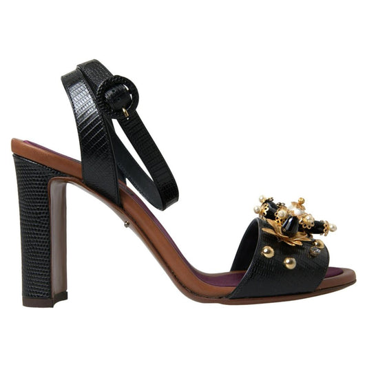 Dolce & Gabbana Elegant Embellished Leather Sandals black-lizard-embossed-floral-pearls-sandals-shoes