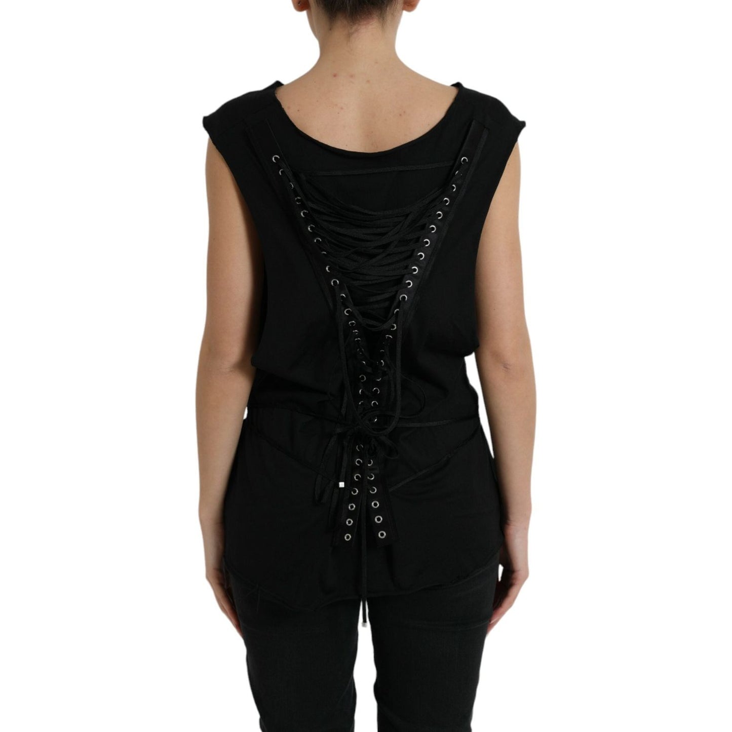 Dolce & Gabbana Elegant Black Round Neck Tank Top black-cotton-lace-up-logo-round-neck-tank-top