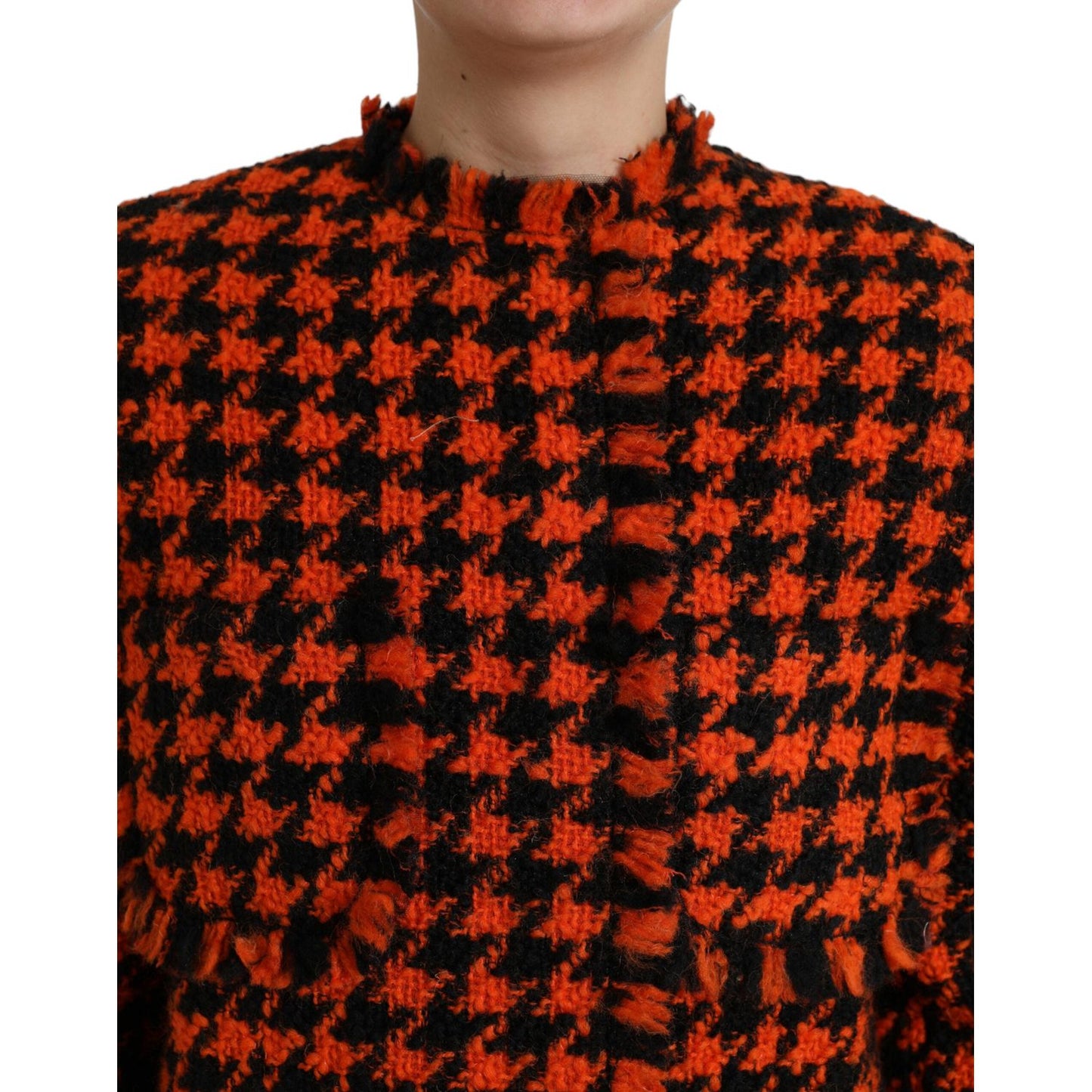 Dolce & Gabbana | Elegant Houndstooth Long Coat in Vibrant Orange| McRichard Designer Brands   