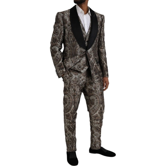 Brown Floral Jacquard Formal 3 Piece Suit