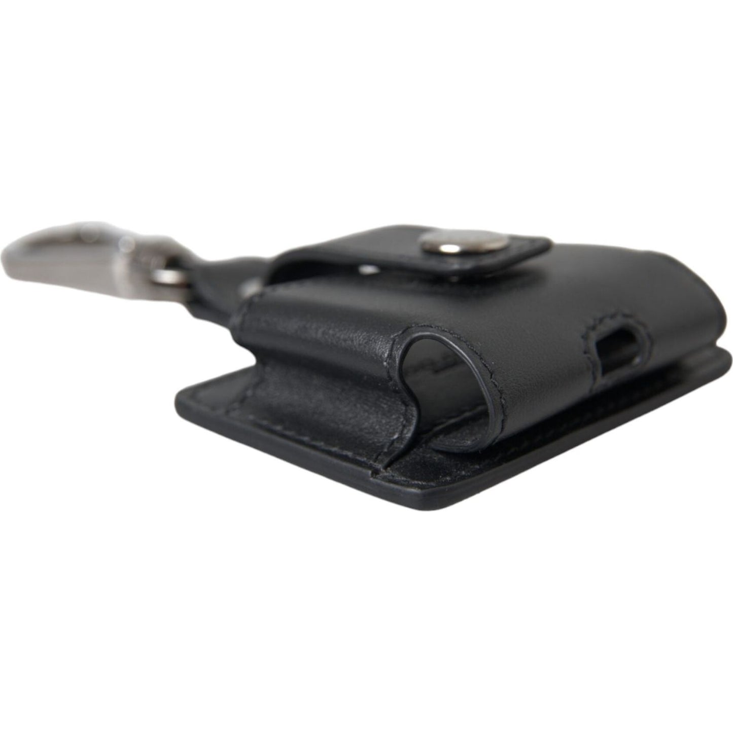 Black Plain Leather Silver Metal Airpods Case