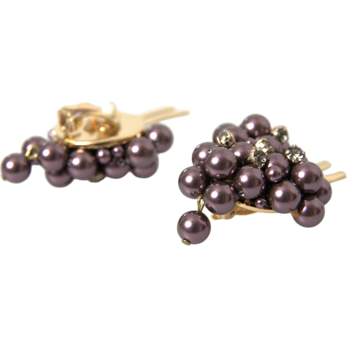 Dolce & Gabbana Purple Grape Pearl Sicily Gold Brass Floral Clip On Earrings purple-grape-pearl-sicily-gold-brass-floral-clip-on-earrings