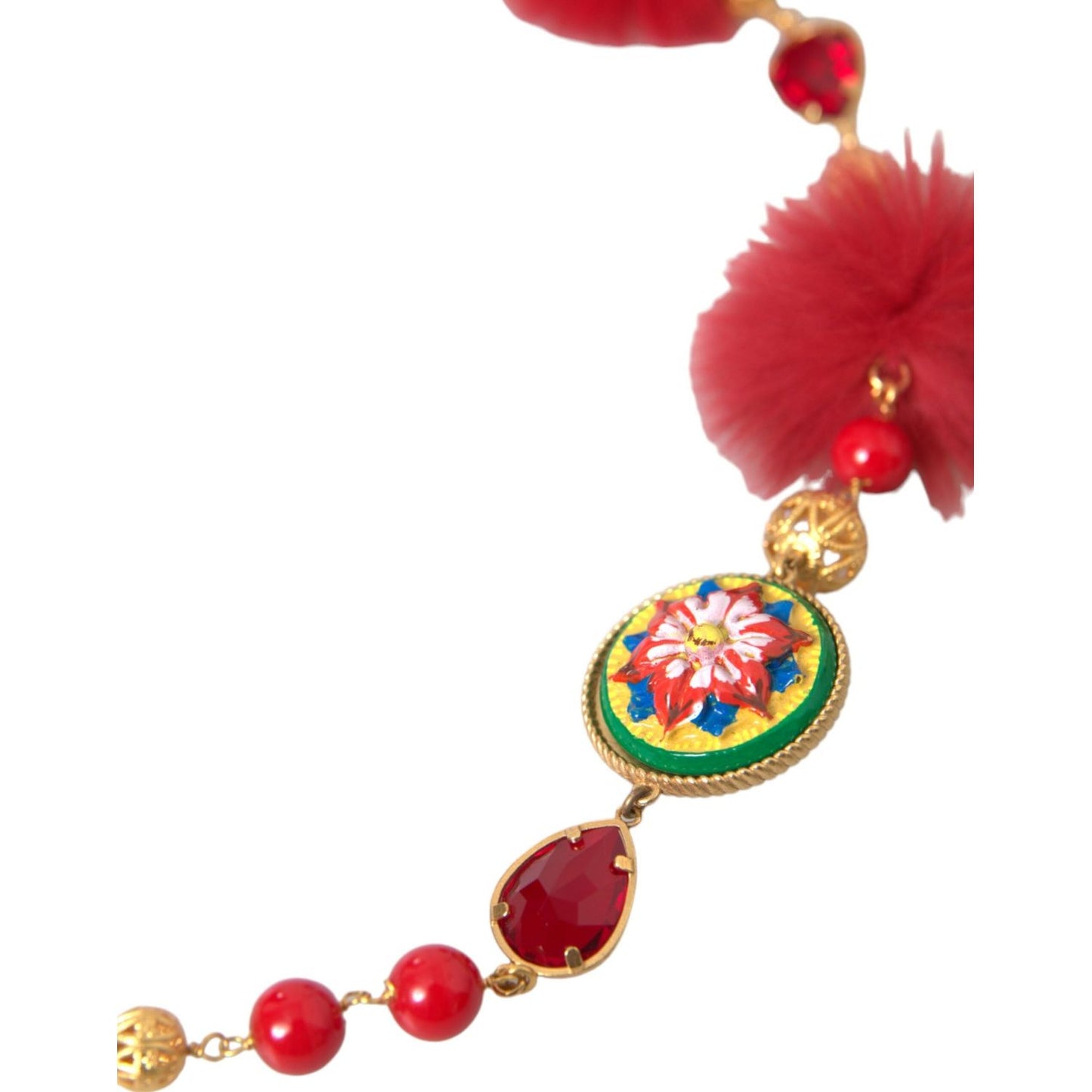 Dolce & Gabbana Gold Brass Red Fur Crystal Carretto Chain Necklace gold-brass-red-fur-crystal-carretto-chain-necklace