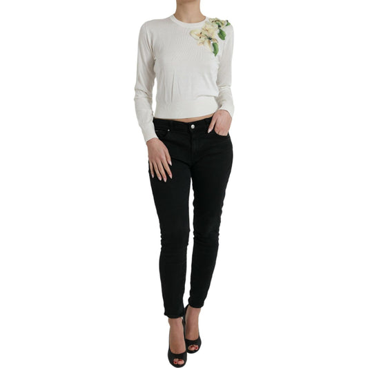 Dolce & Gabbana Silk Floral Applique Pullover Sweater white-floral-silk-crew-neck-pullover-sweater