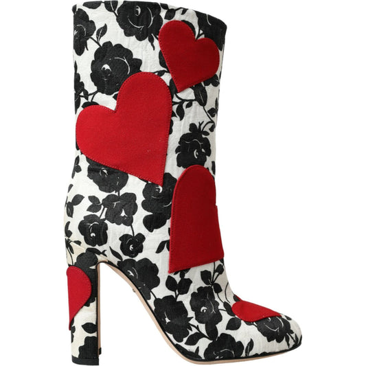 Dolce & Gabbana White Floral Hearts Leather High Boots Shoes white-floral-hearts-leather-high-boots-shoes