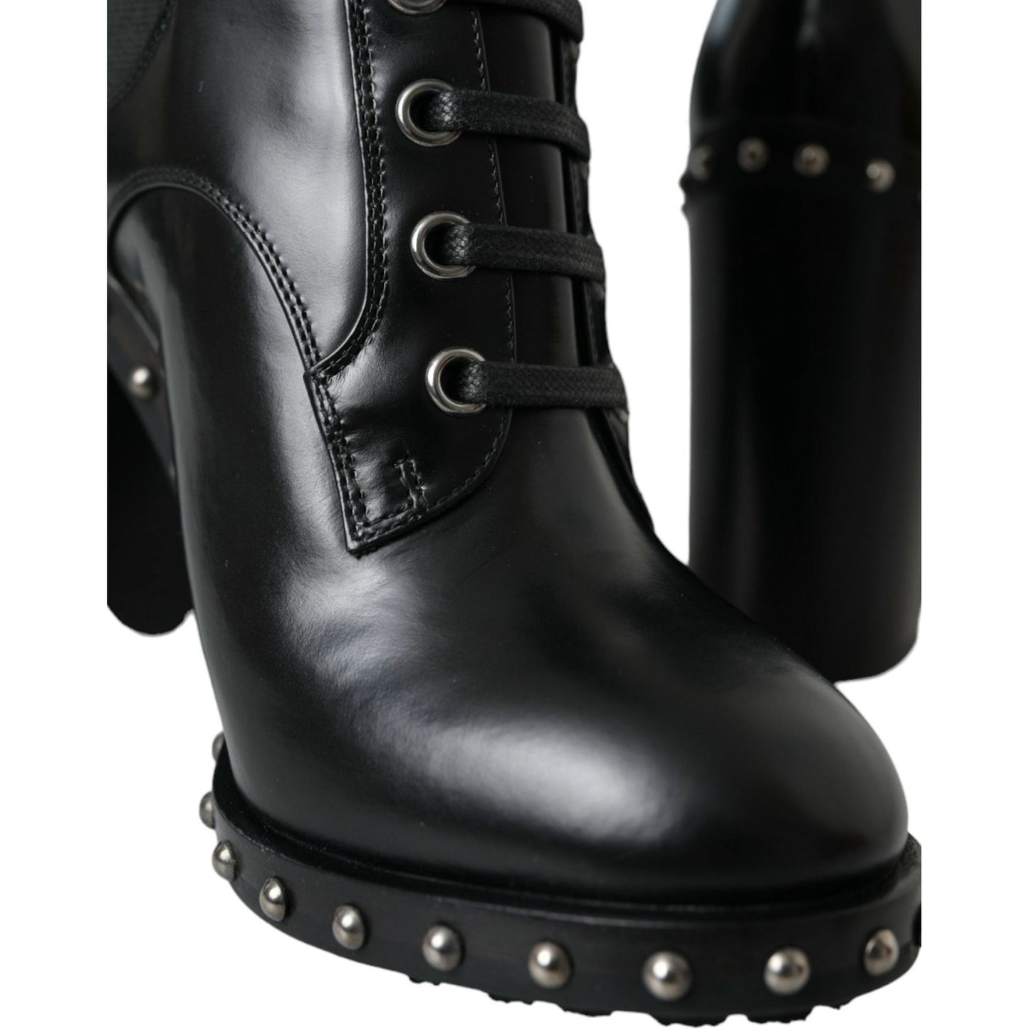 Dolce & Gabbana Black Leather Studded Lace Up Boots Shoes black-leather-studded-lace-up-boots-shoes
