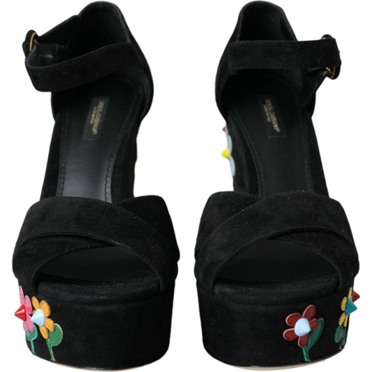 Dolce & Gabbana Black Floral Ankle Strap Heels Sandals Shoes black-floral-ankle-strap-heels-sandals-shoes